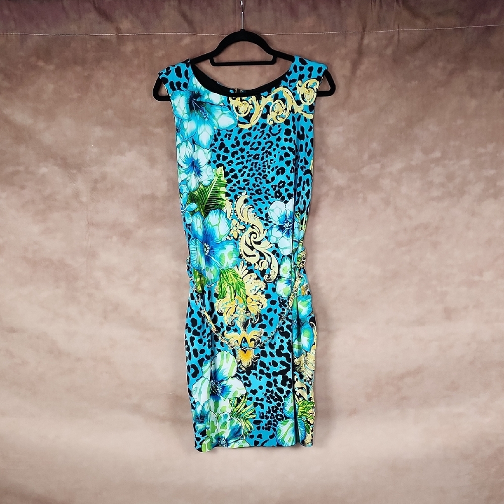 Cache Turquoise and Black Patterned Mini Dress